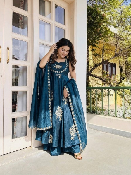 Teal Embroidered Designer Pure Fendy Silk Anarkali Suit
