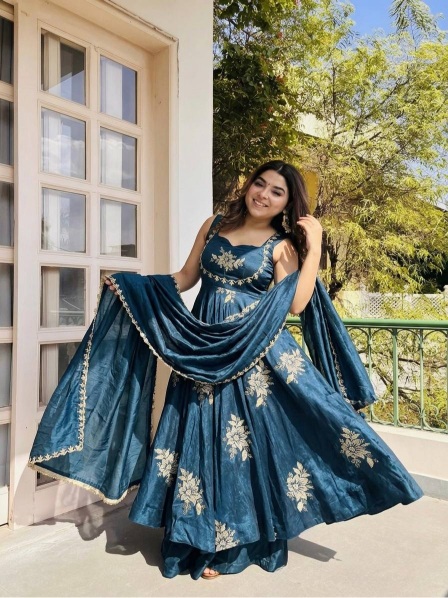 Teal Embroidered Designer Pure Fendy Silk Anarkali Suit — alternate view