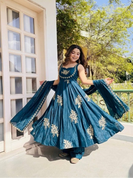 Teal Embroidered Designer Pure Fendy Silk Anarkali Suit