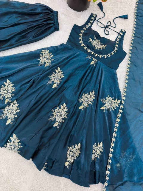 Teal Embroidered Designer Pure Fendy Silk Anarkali Suit
