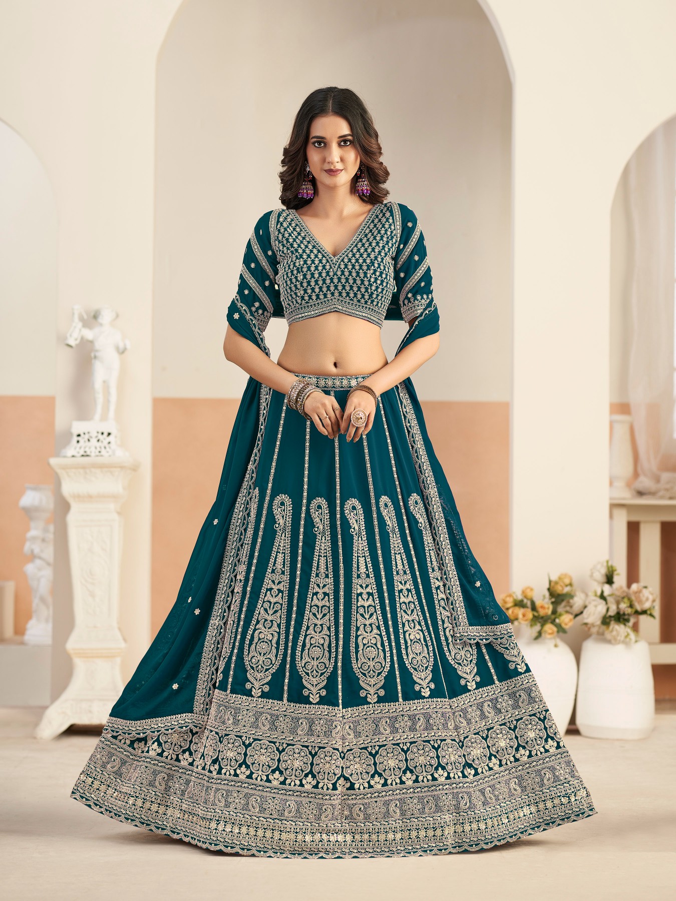 Teal Embroidered Faux Georgette Festive Lehenga Choli