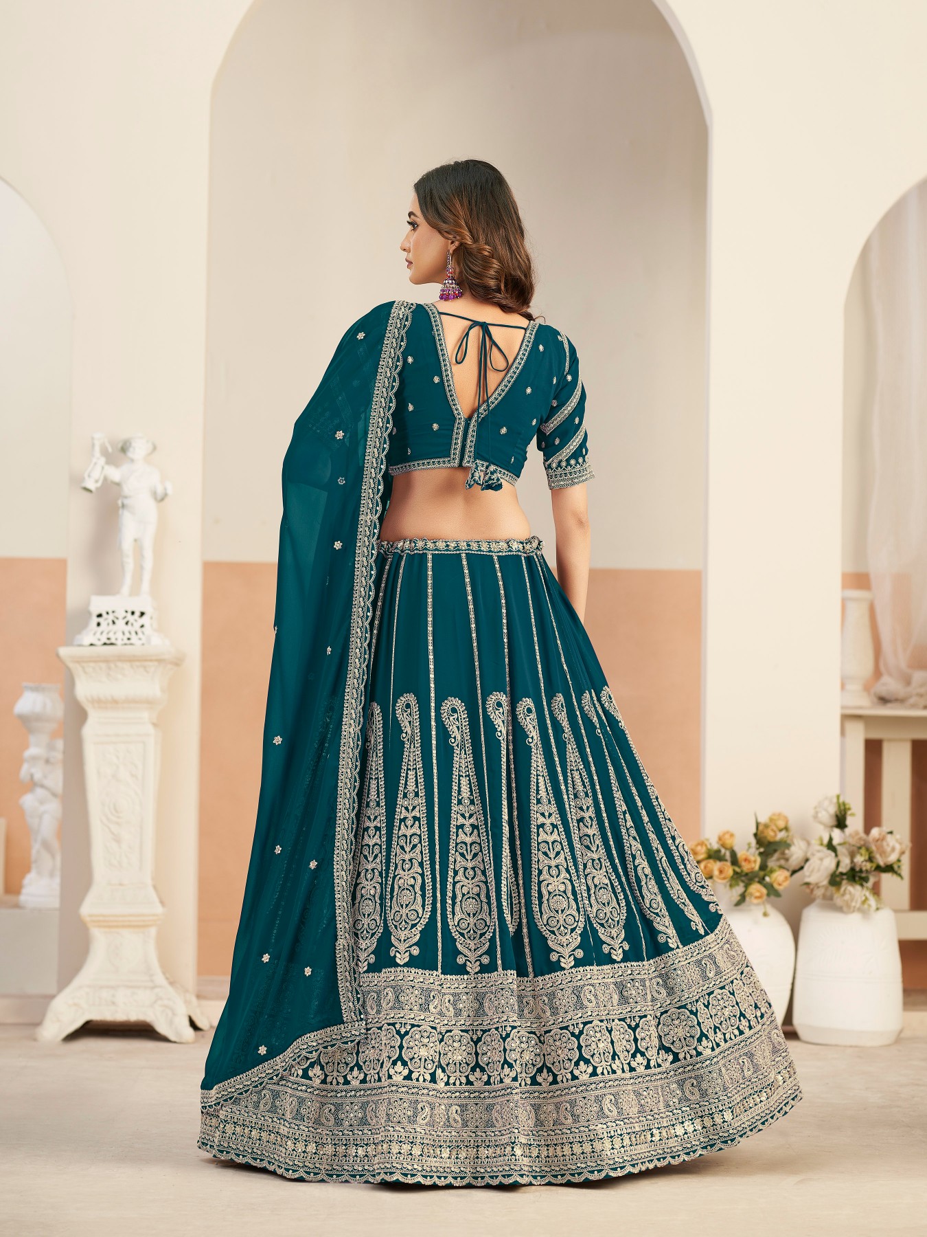 Teal Embroidered Faux Georgette Festive Lehenga Choli — alternate view