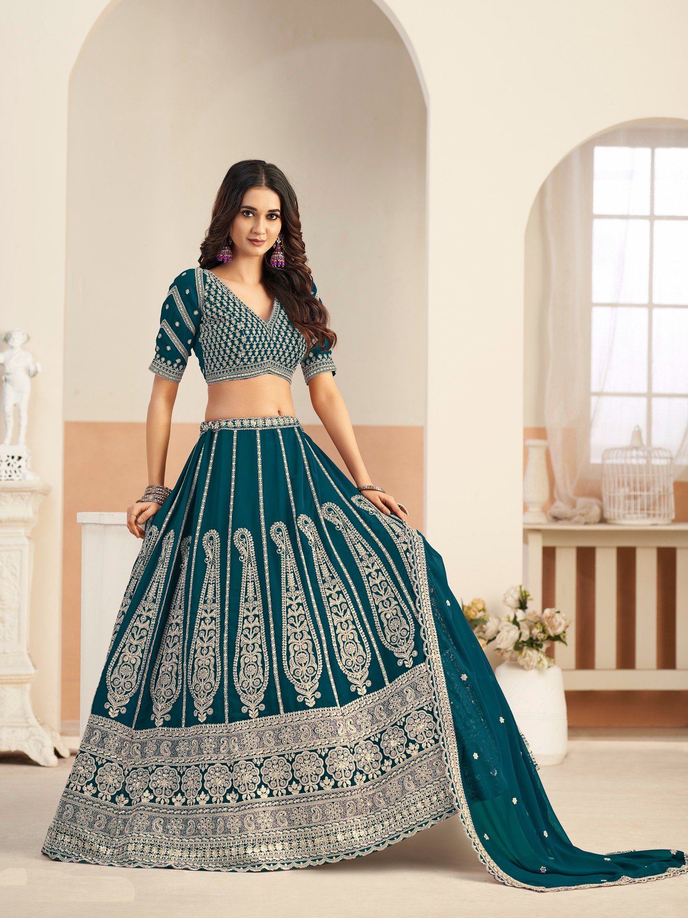 Teal Embroidered Faux Georgette Festive Lehenga Choli