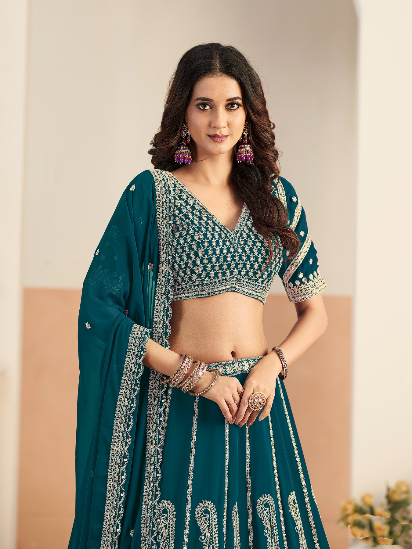 Teal Embroidered Faux Georgette Festive Lehenga Choli