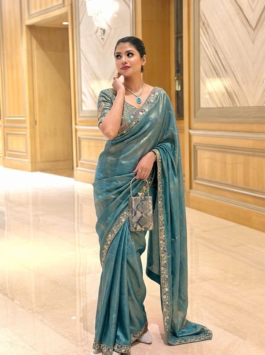 Teal Embroidered Fendy Satin Silk Saree