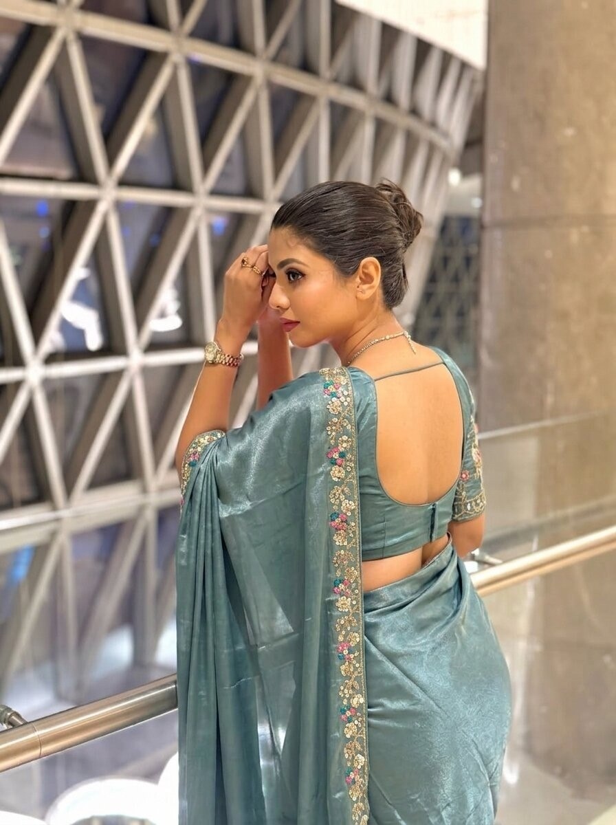 Teal Embroidered Fendy Satin Silk Saree — alternate view