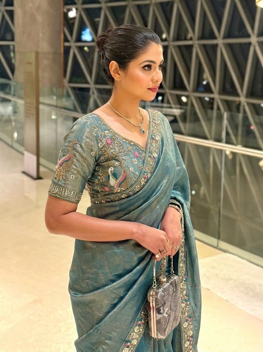 Teal Embroidered Fendy Satin Silk Saree