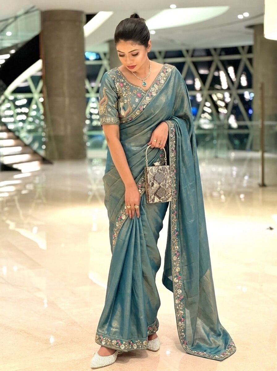 Teal Embroidered Fendy Satin Silk Saree