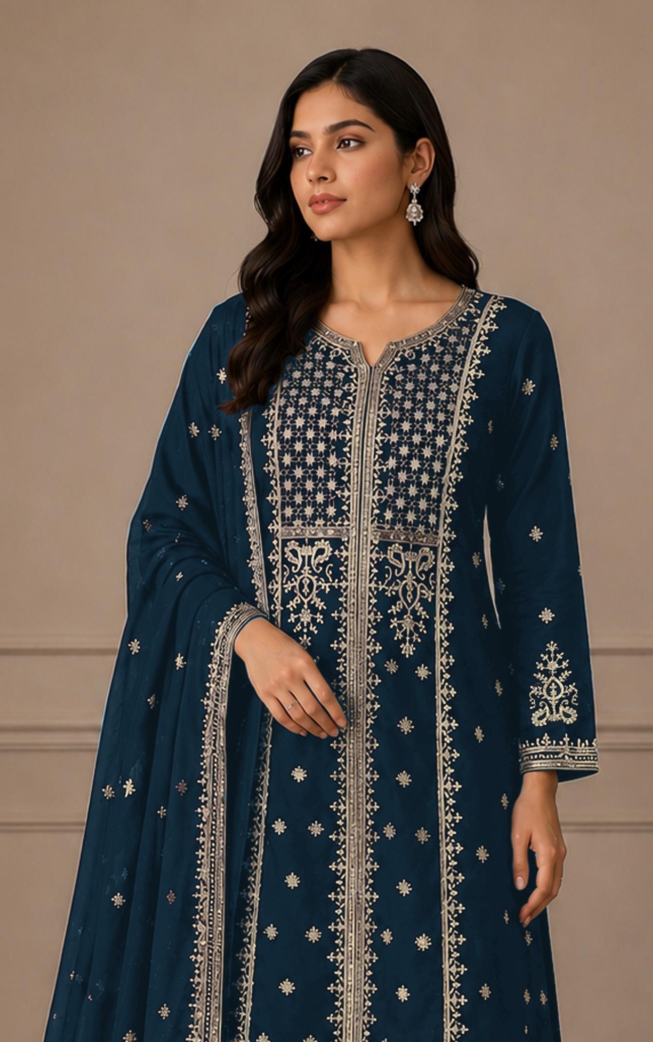 Teal Embroidered Georgette Palazzo Suit — alternate view