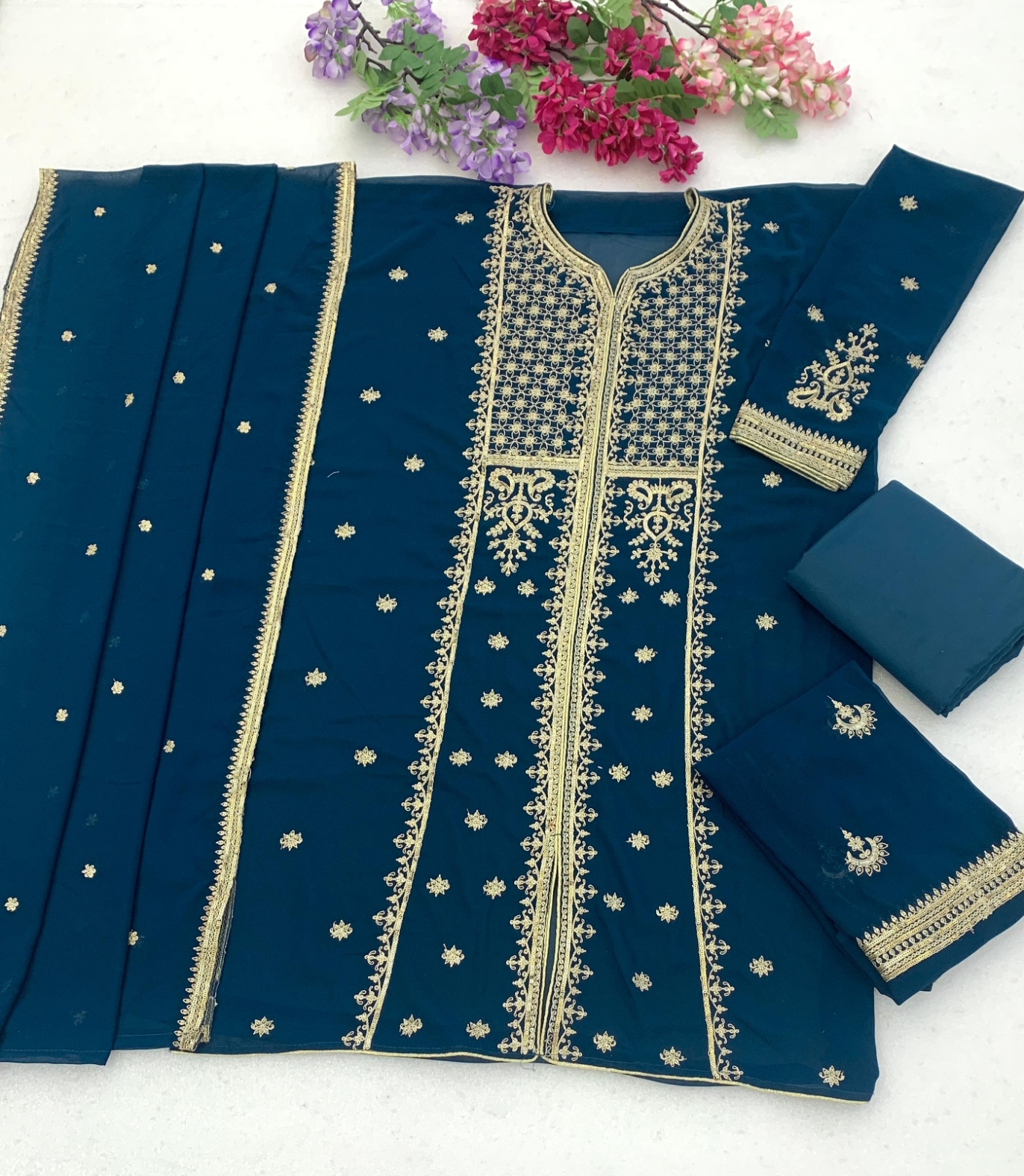 Teal Embroidered Georgette Palazzo Suit