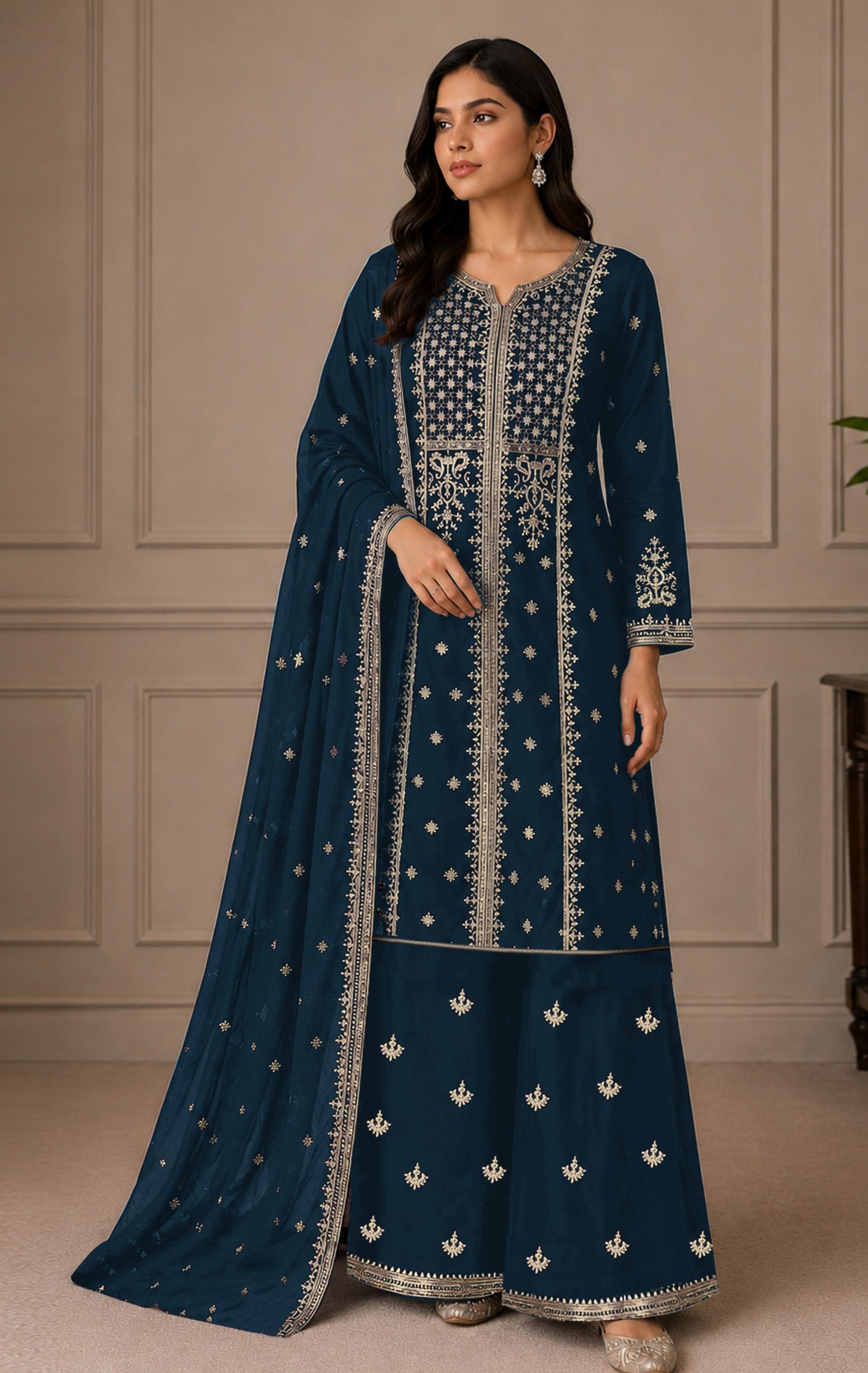 Teal Embroidered Georgette Palazzo Suit