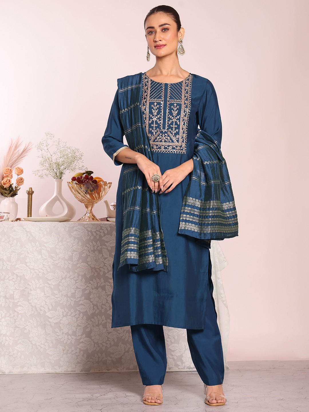 Teal Embroidered Poly Silk Salwar
