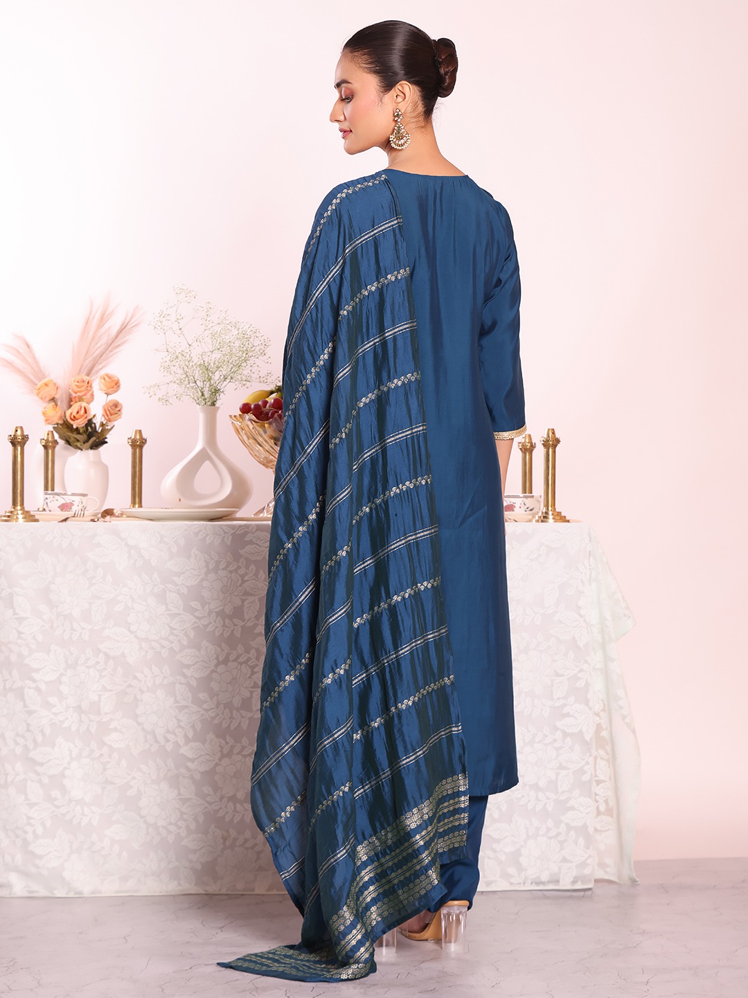Teal Embroidered Poly Silk Salwar — alternate view