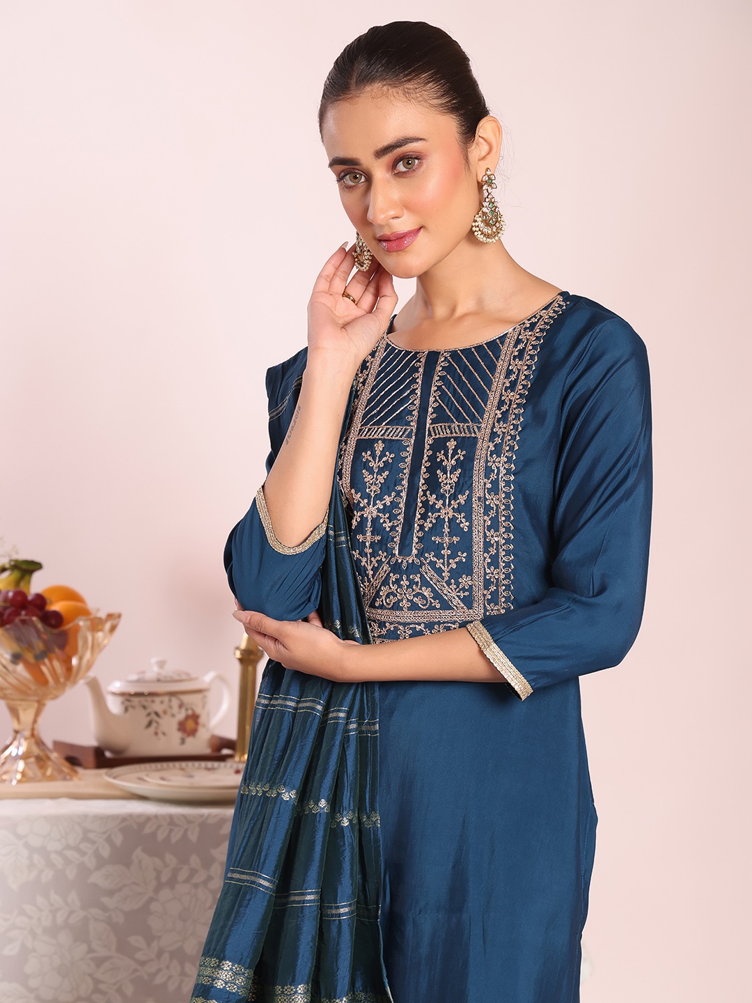 Teal Embroidered Poly Silk Salwar