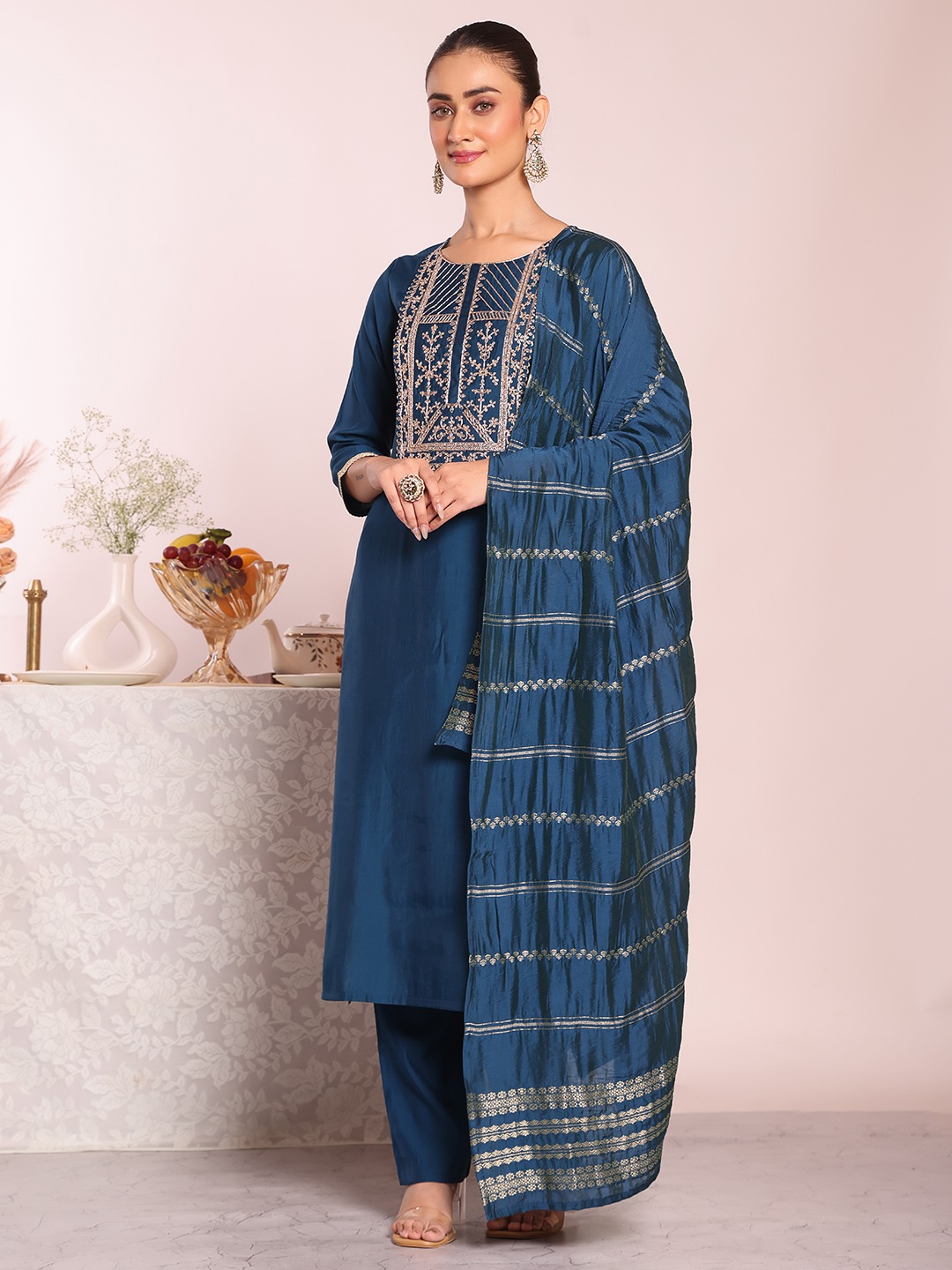 Teal Embroidered Poly Silk Salwar