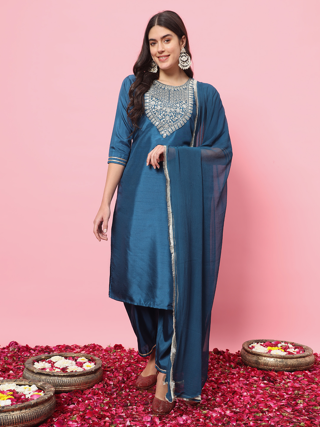 Teal Embroidered Silk Blend Readymade Suit