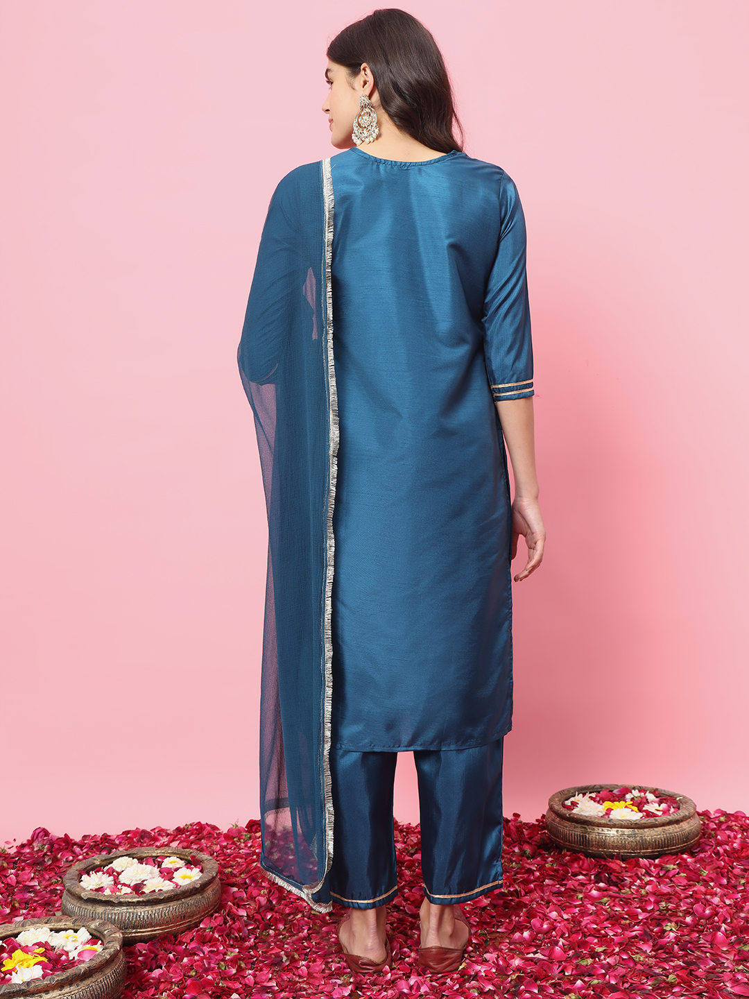 Teal Embroidered Silk Blend Readymade Suit — alternate view