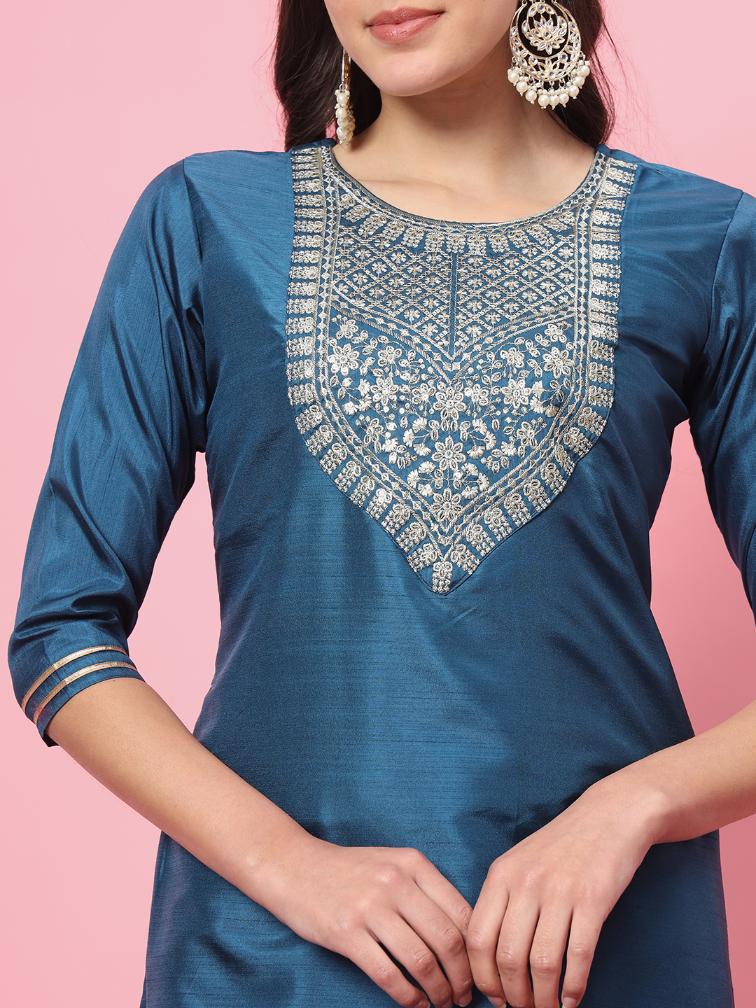 Teal Embroidered Silk Blend Readymade Suit