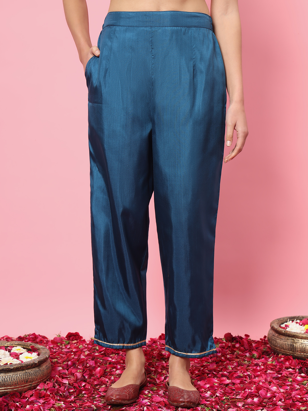 Teal Embroidered Silk Blend Readymade Suit