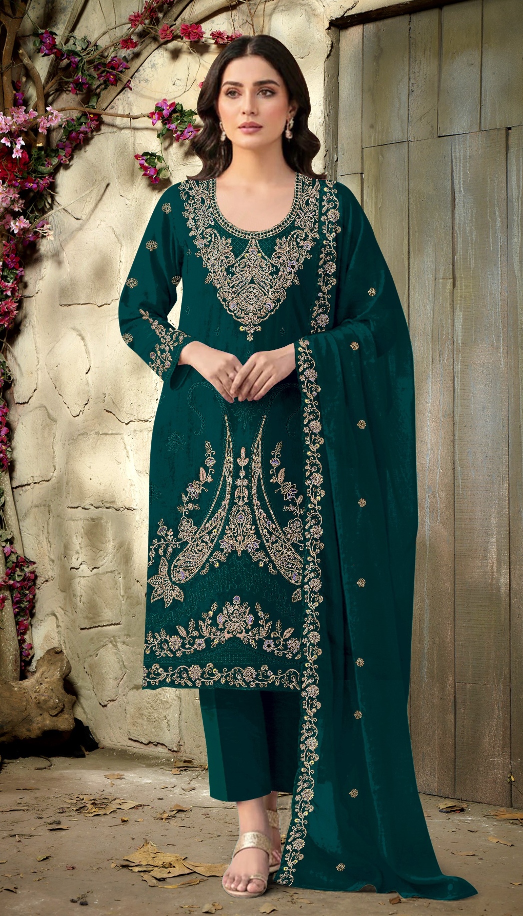 Teal Embroidered Velvet Straight Suit