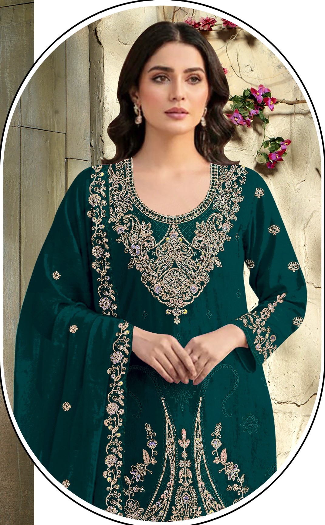 Teal Embroidered Velvet Straight Suit — alternate view