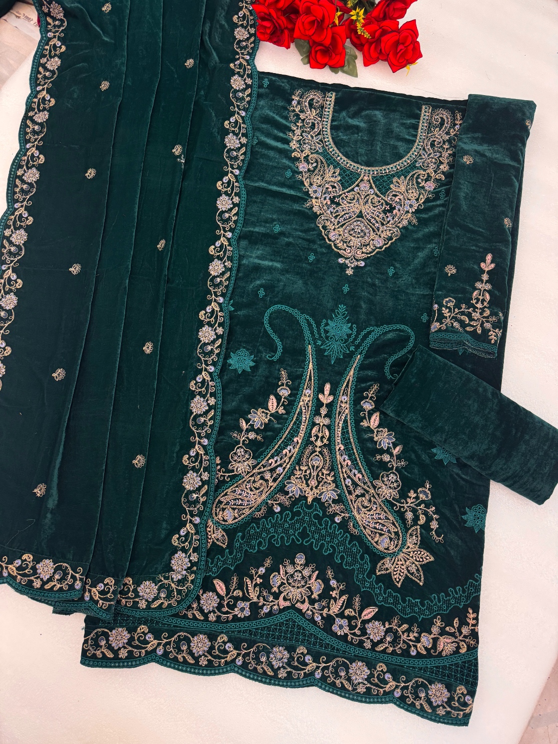 Teal Embroidered Velvet Straight Suit