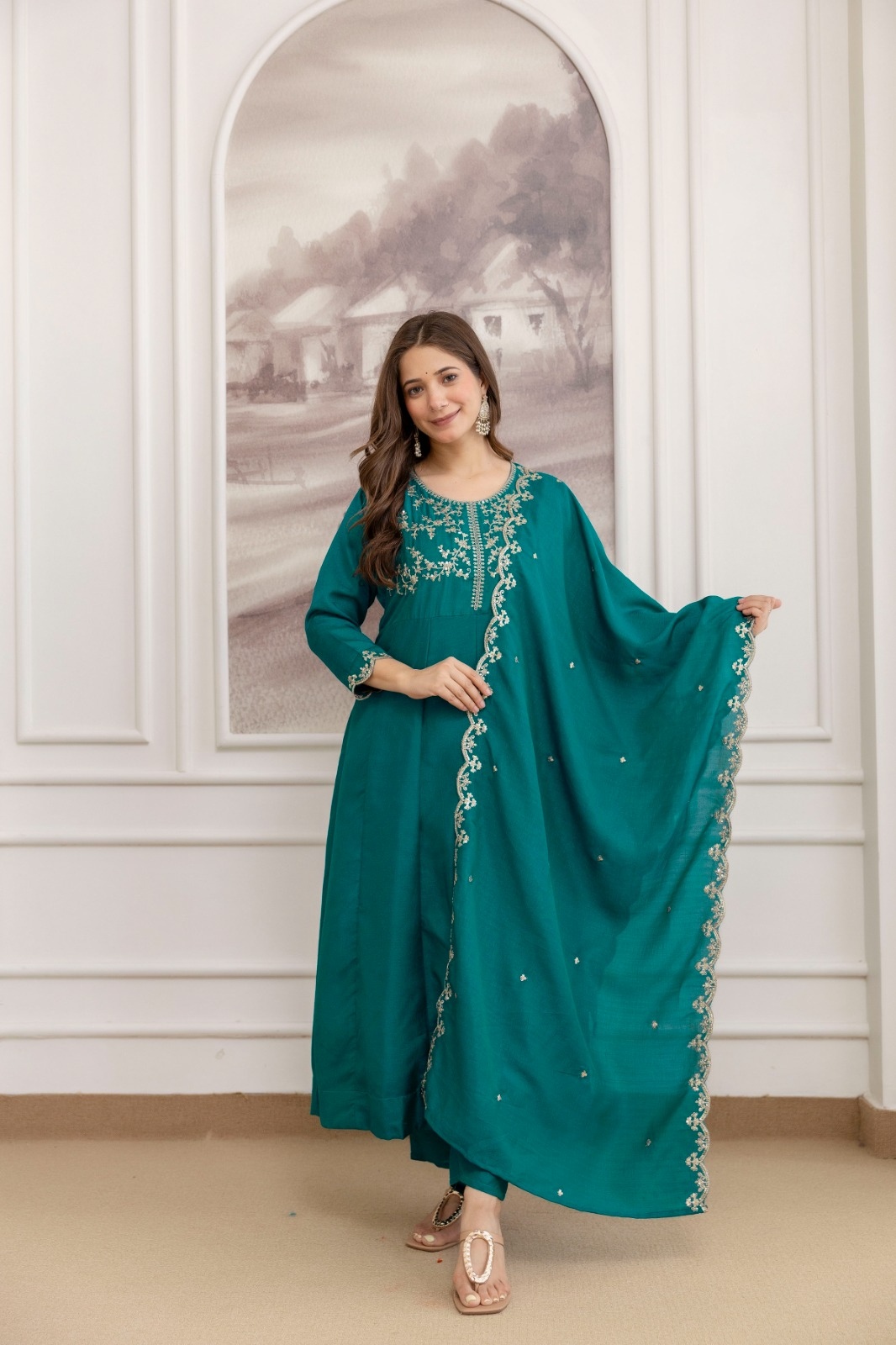 Teal Embroidered Vichitra Anarkali Suit