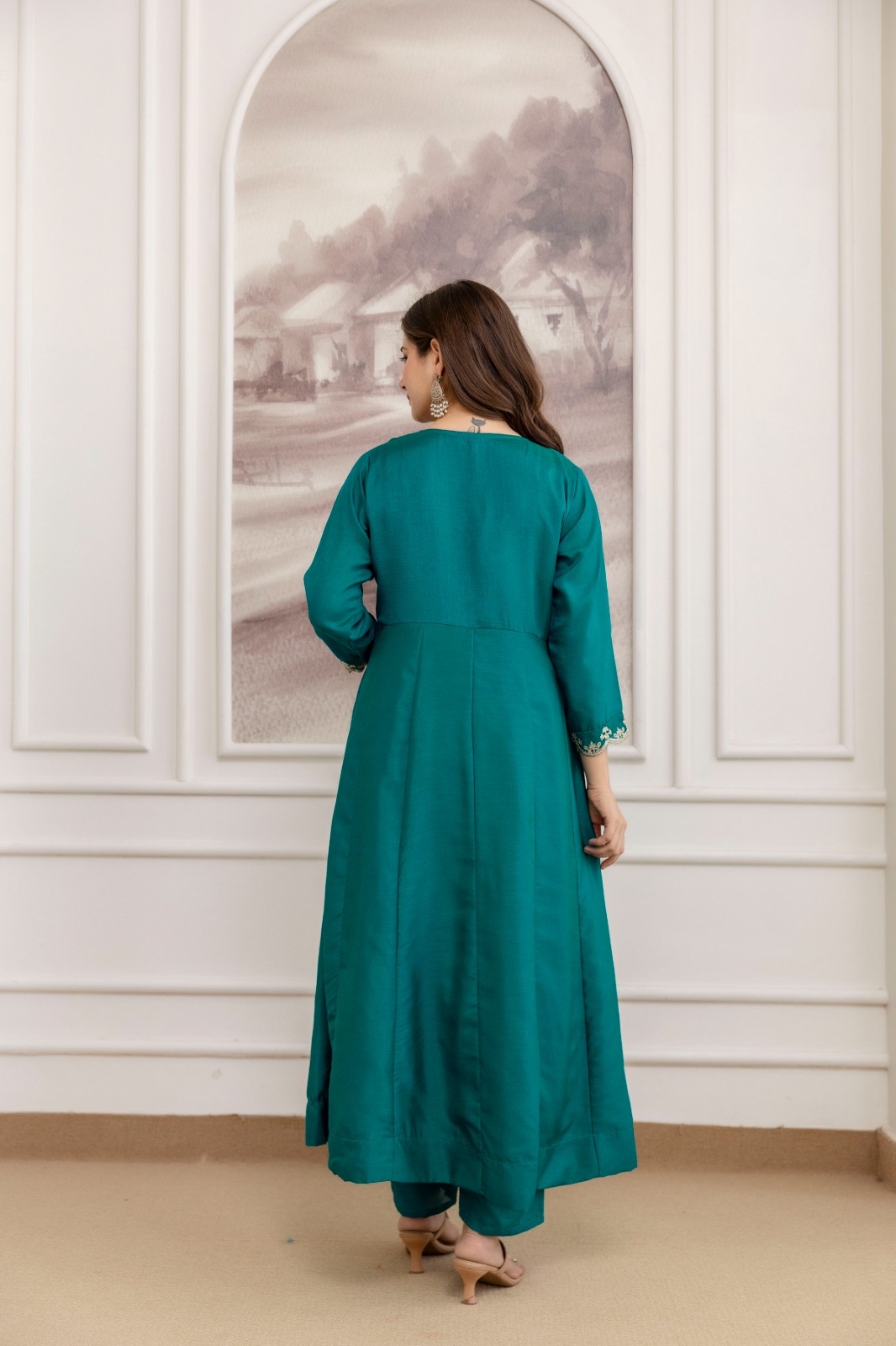 Teal Embroidered Vichitra Anarkali Suit — alternate view