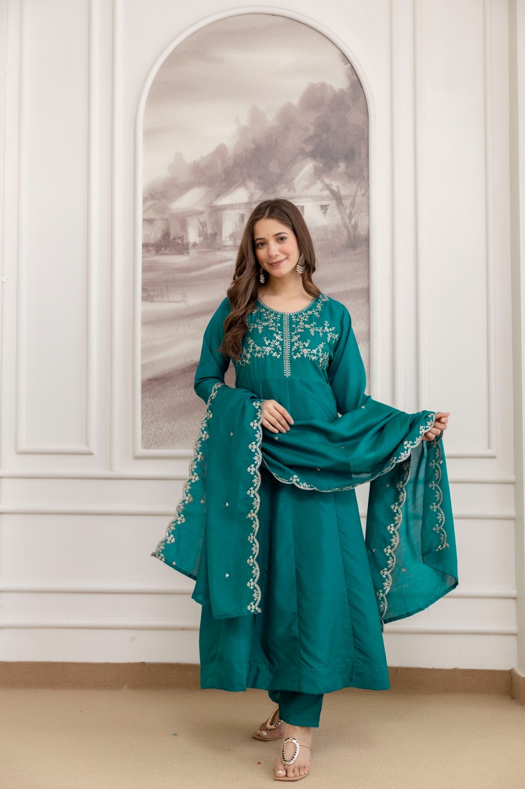 Teal Embroidered Vichitra Anarkali Suit