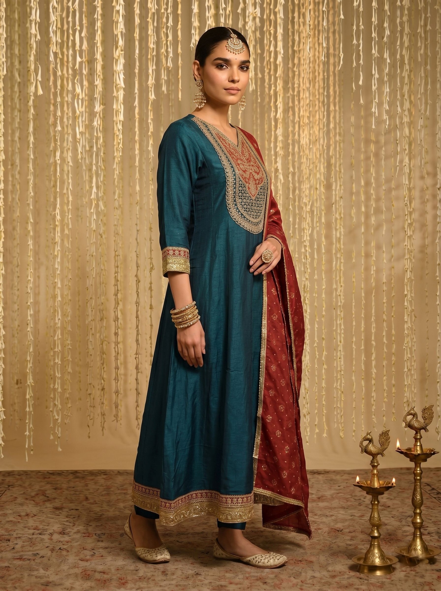 Teal Embroidered Vichitra Silk Salwar Suit