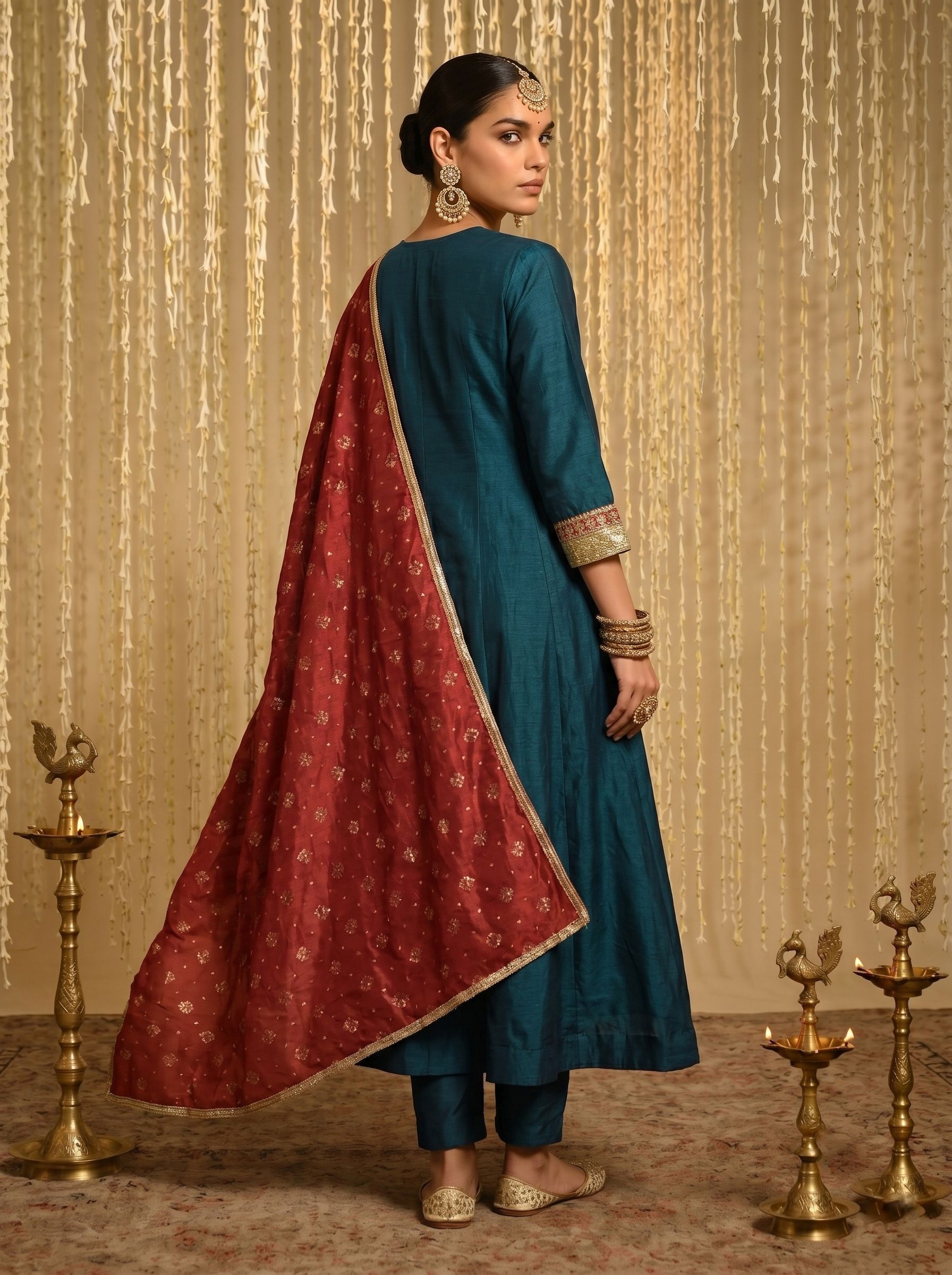 Teal Embroidered Vichitra Silk Salwar Suit — alternate view