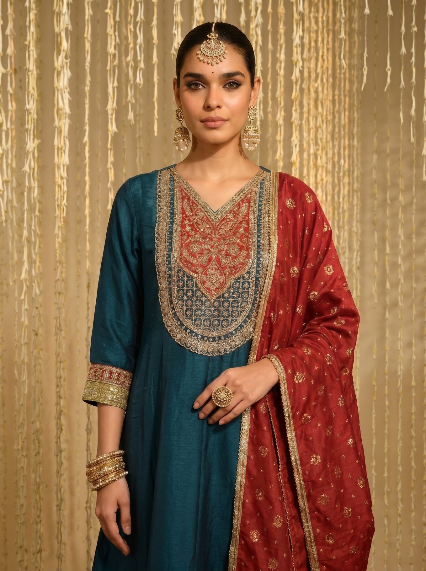 Teal Embroidered Vichitra Silk Salwar Suit