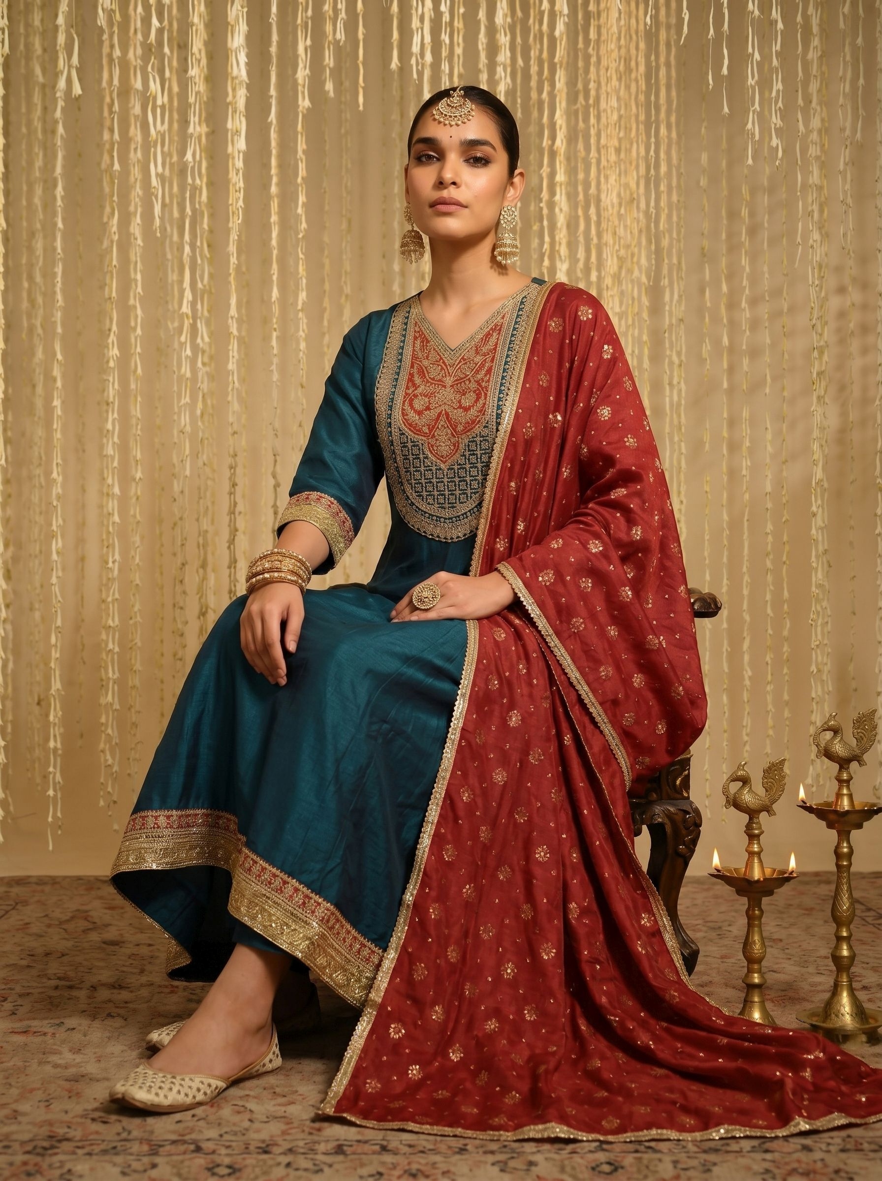 Teal Embroidered Vichitra Silk Salwar Suit