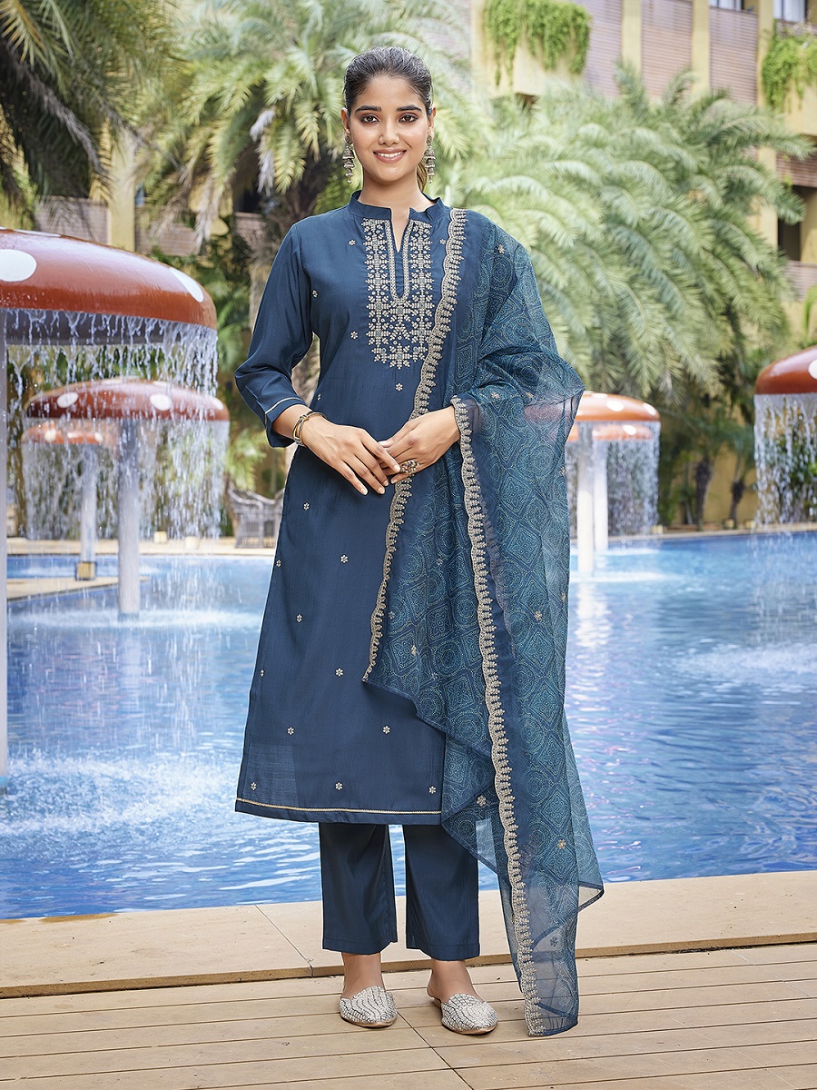 Teal Embroidered Viscose Chanderi Readymade Suit