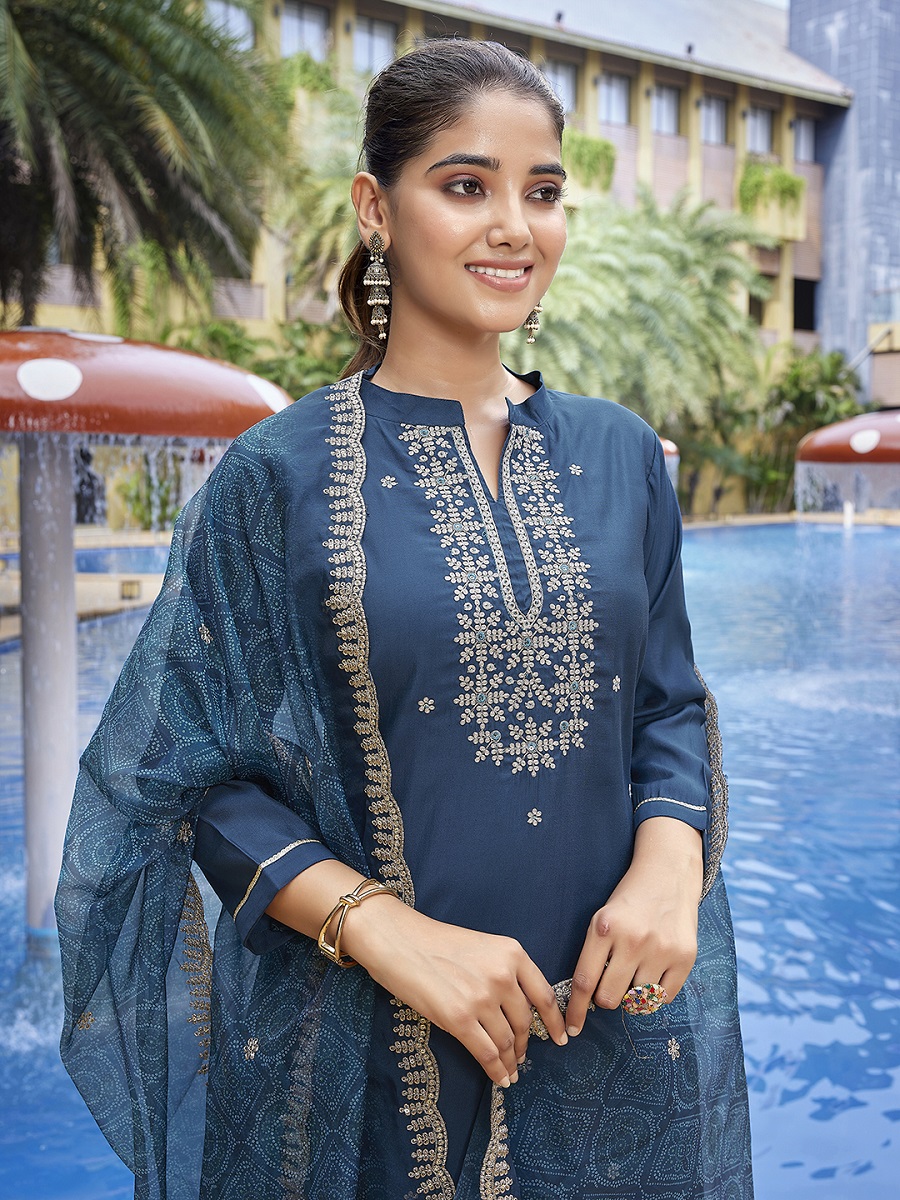 Teal Embroidered Viscose Chanderi Readymade Suit