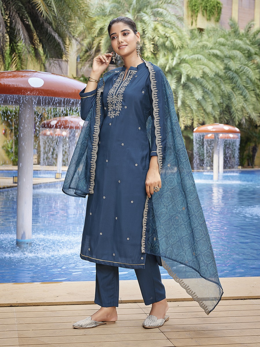 Teal Embroidered Viscose Chanderi Readymade Suit