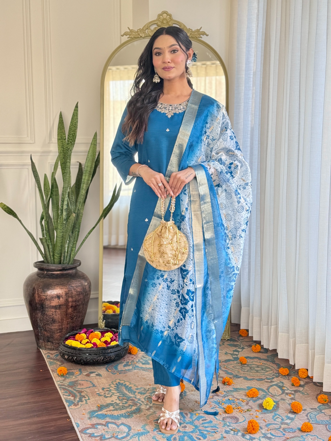Teal Embroidery Work Roman Silk Salwar Suit