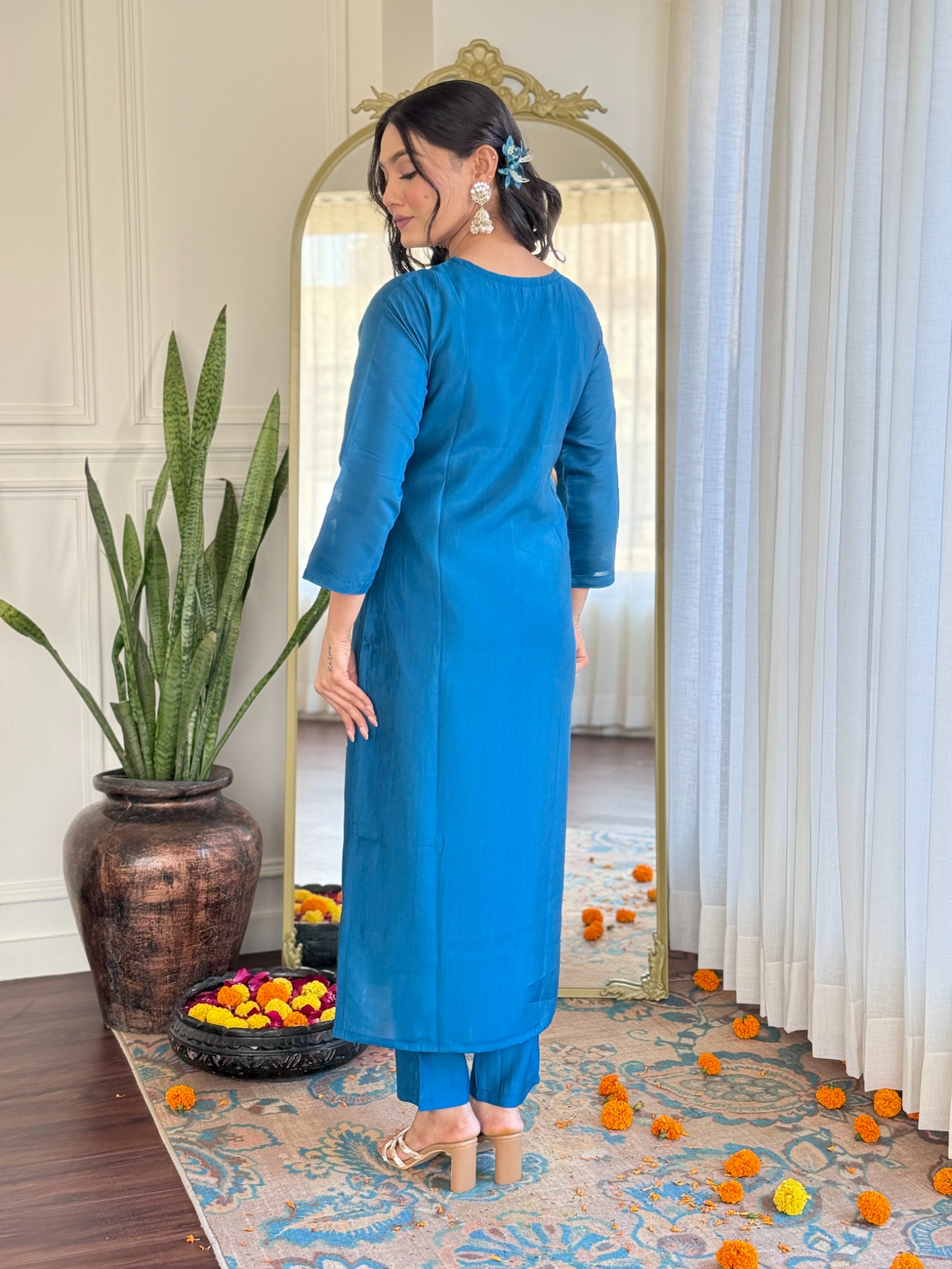 Teal Embroidery Work Roman Silk Salwar Suit — alternate view