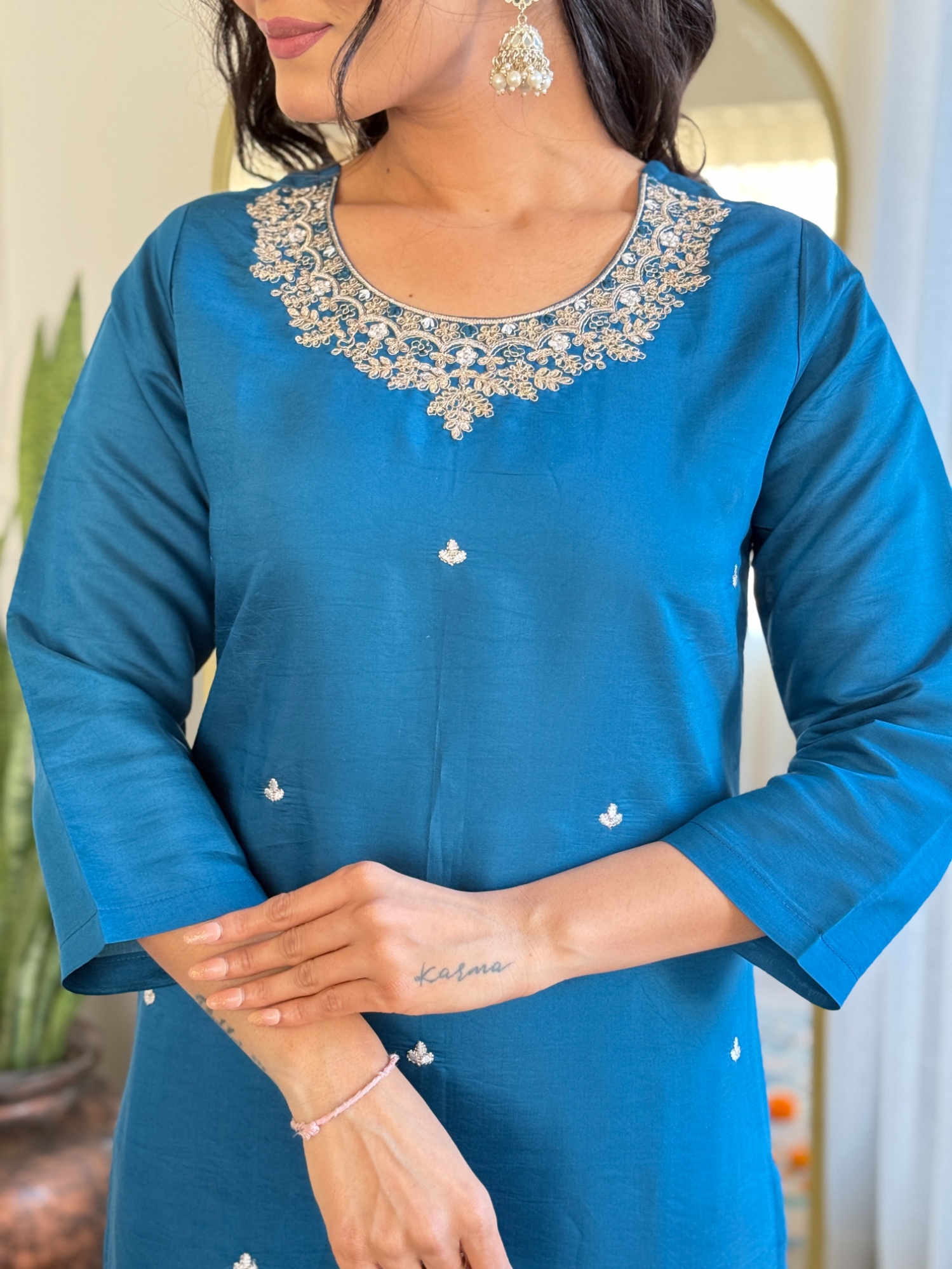 Teal Embroidery Work Roman Silk Salwar Suit