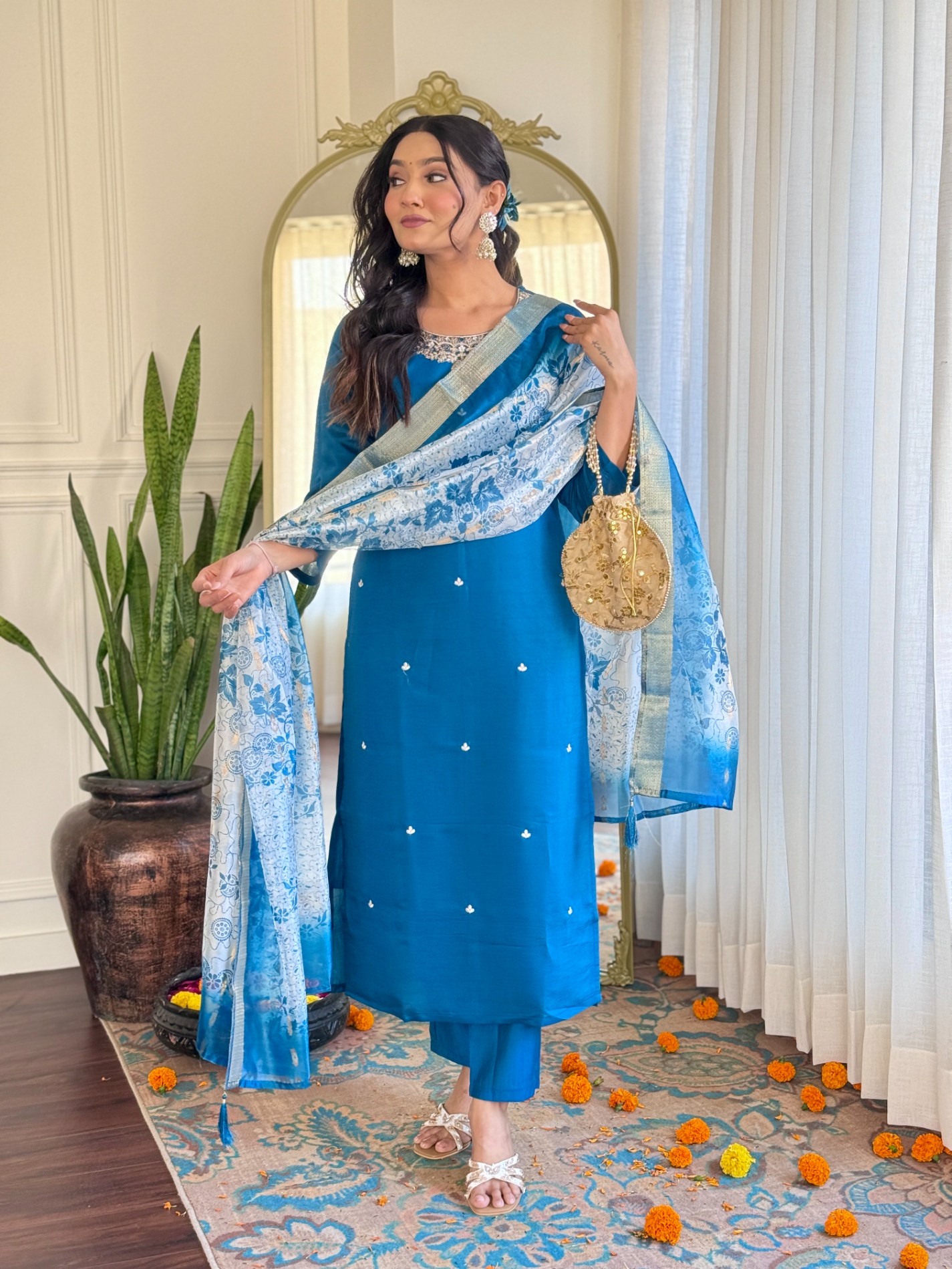 Teal Embroidery Work Roman Silk Salwar Suit