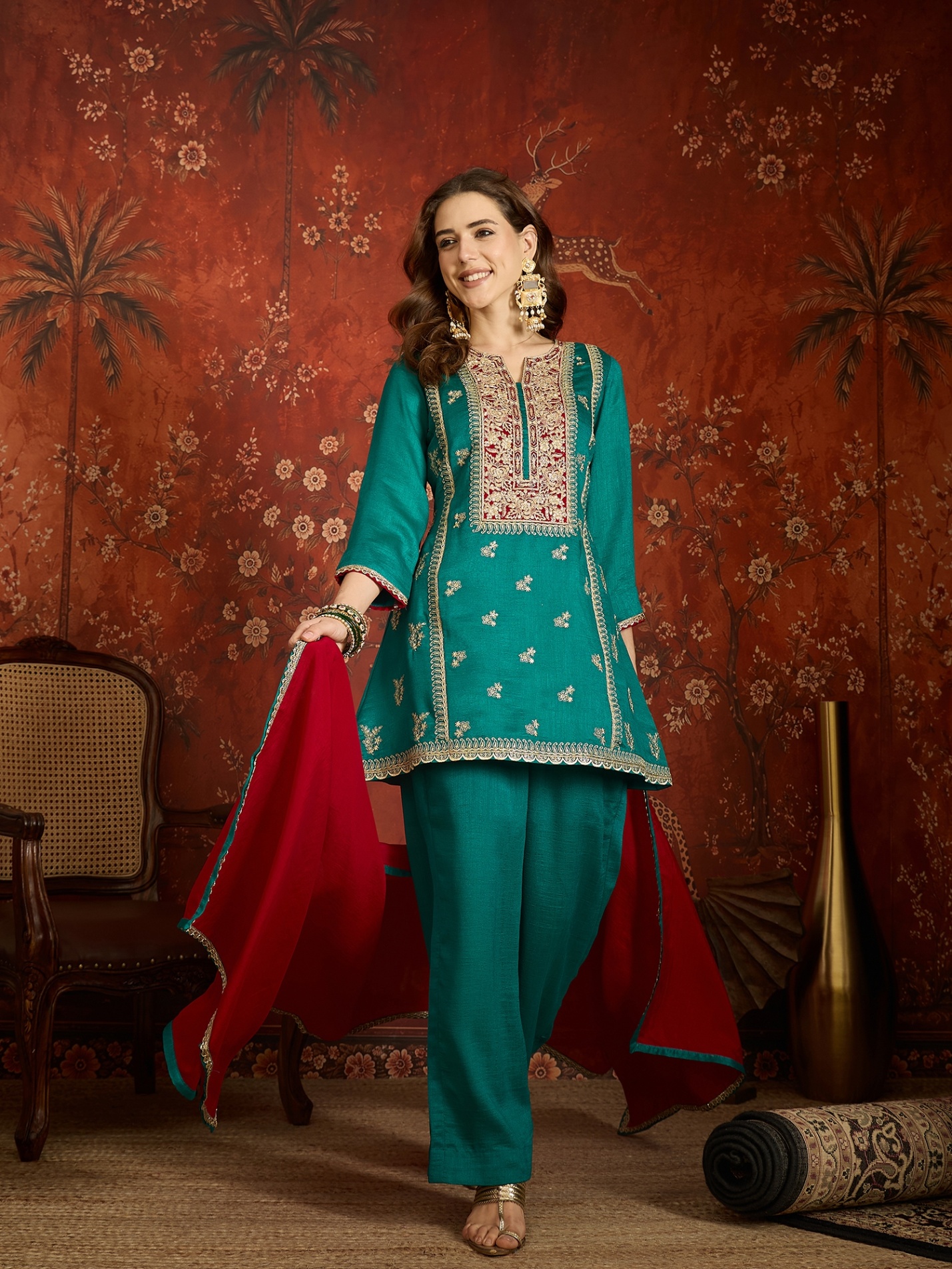 Teal Embroidery Work Vichitra Palazzo Suit