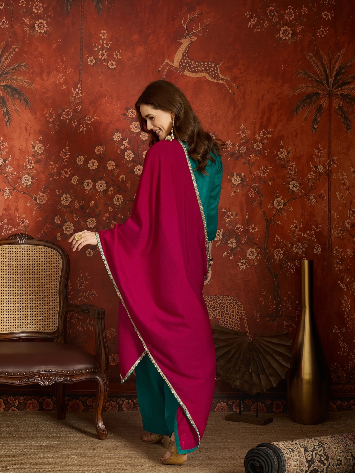 Teal Embroidery Work Vichitra Palazzo Suit — alternate view