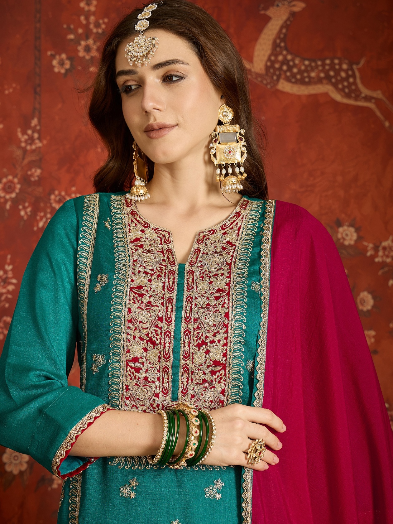 Teal Embroidery Work Vichitra Palazzo Suit