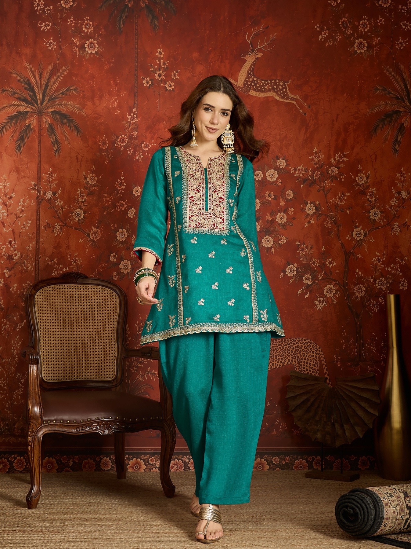 Teal Embroidery Work Vichitra Palazzo Suit