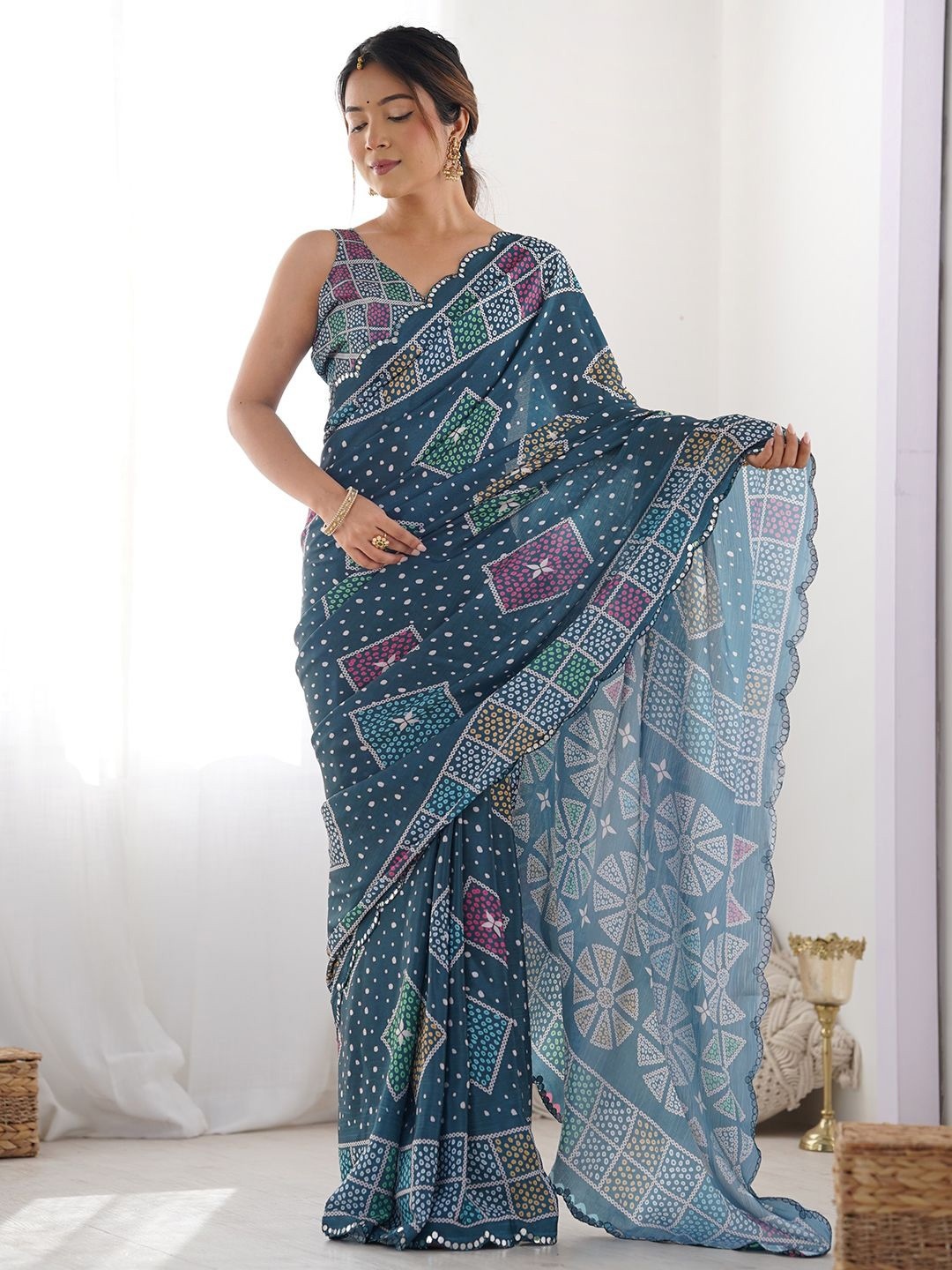 Teal Ethnic Motif Digital Print Georgette Saree