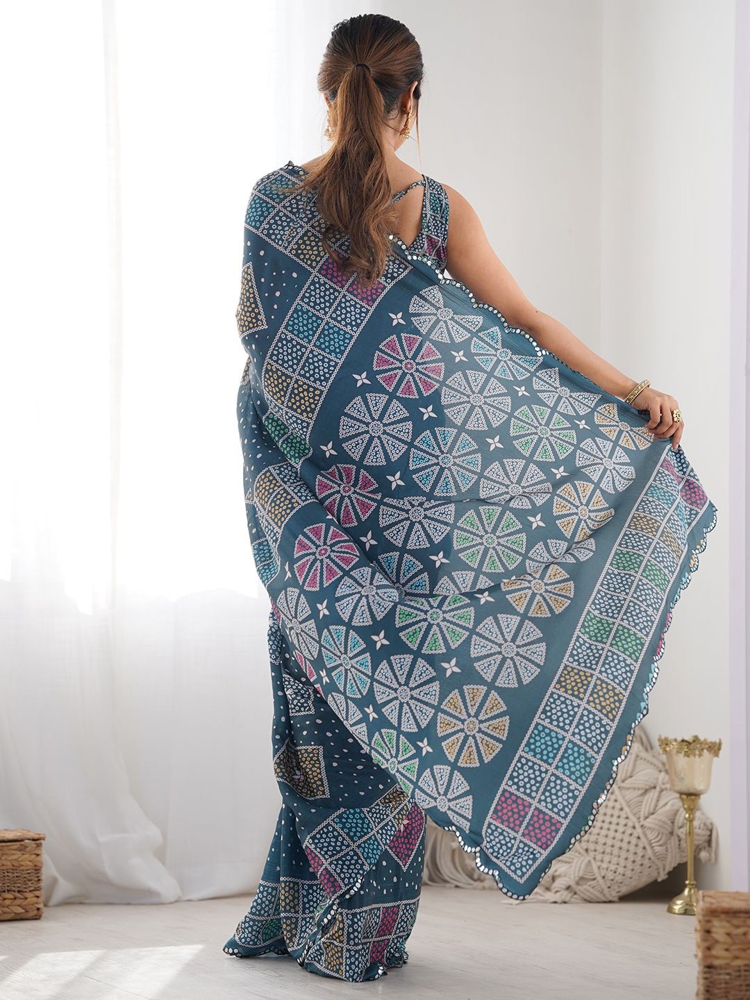 Teal Ethnic Motif Digital Print Georgette Saree — alternate view