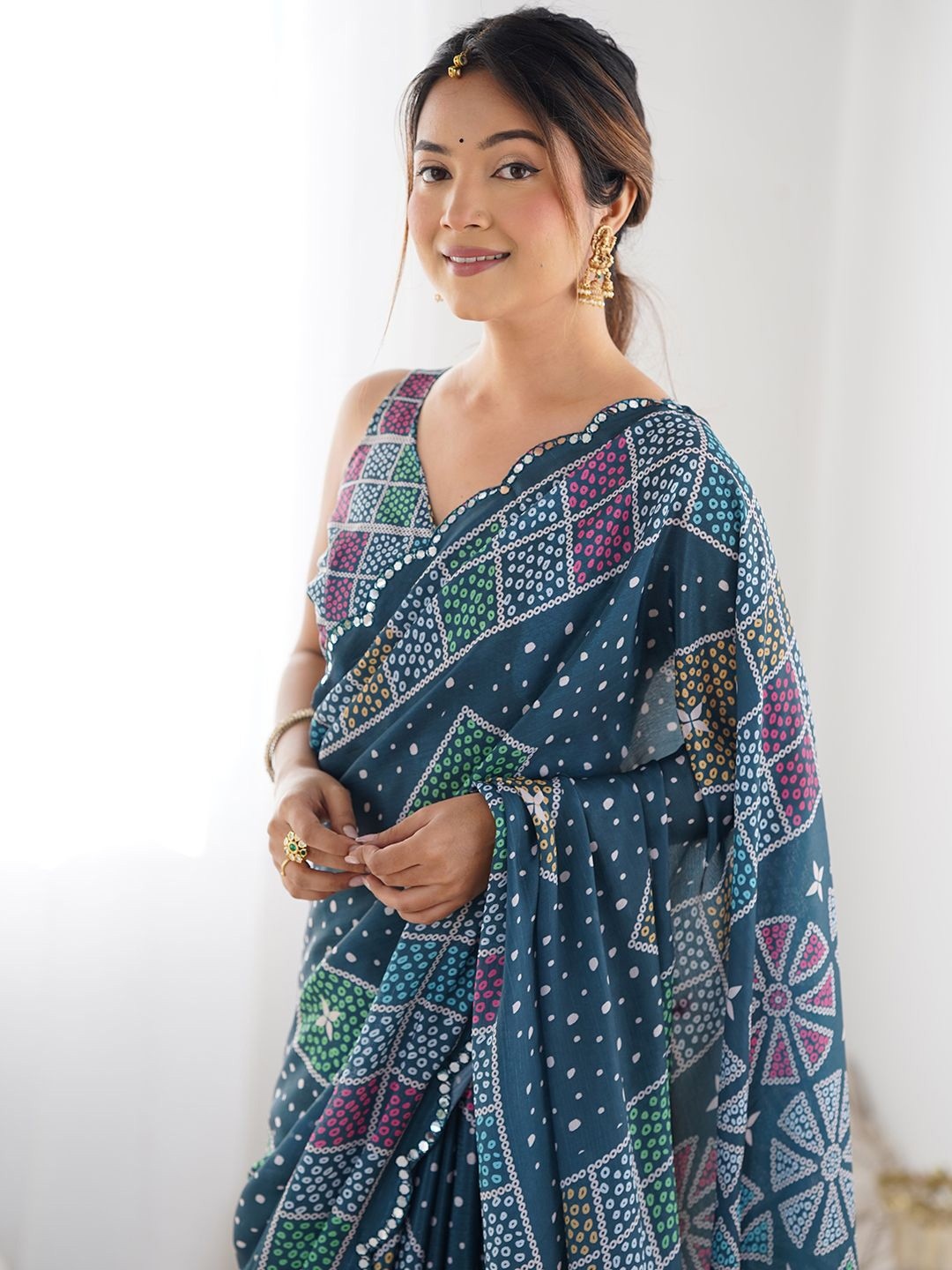 Teal Ethnic Motif Digital Print Georgette Saree