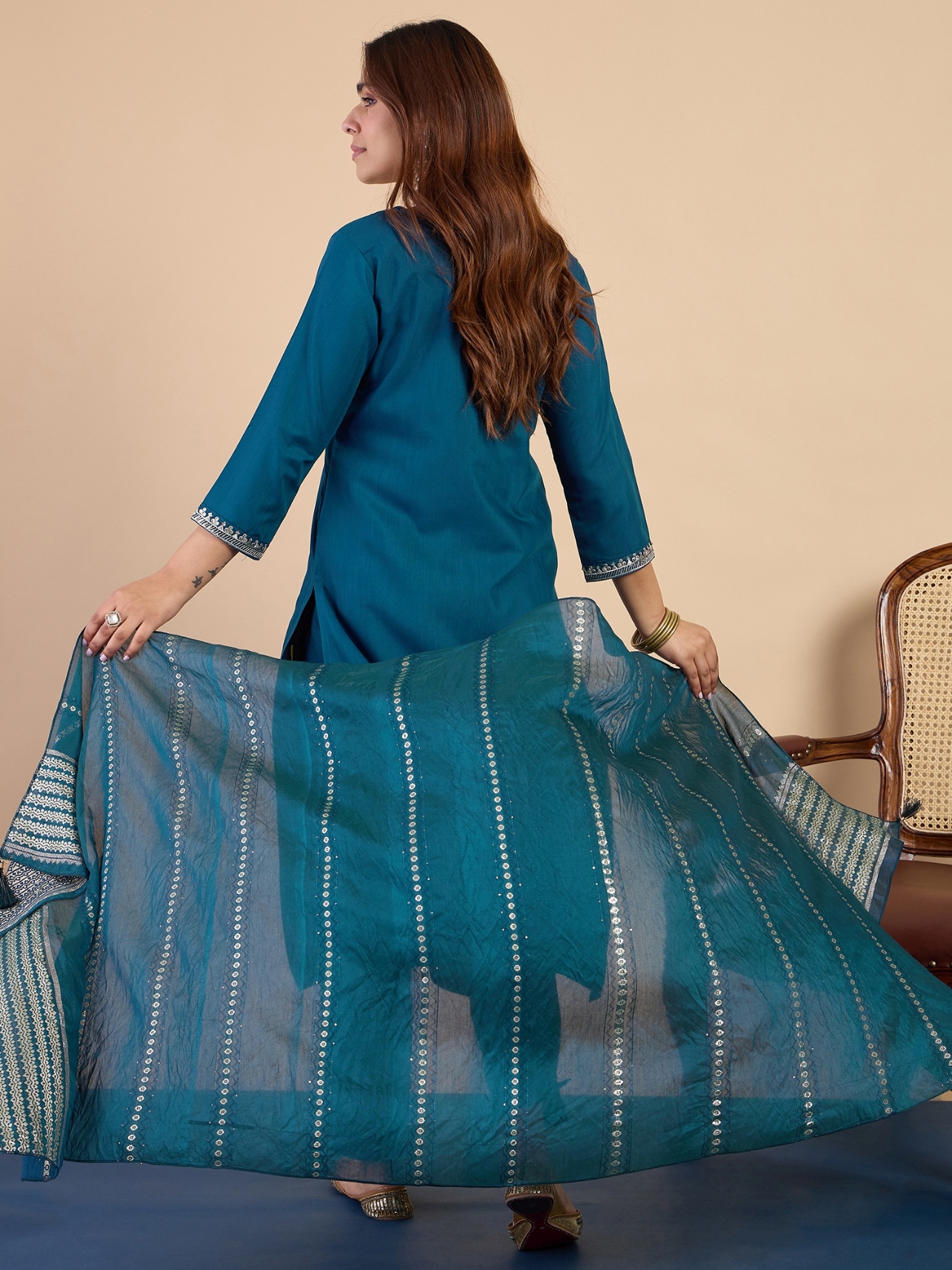 Teal Ethnic Motif Embroidery Cotton Blend Straight Pant Suit — alternate view