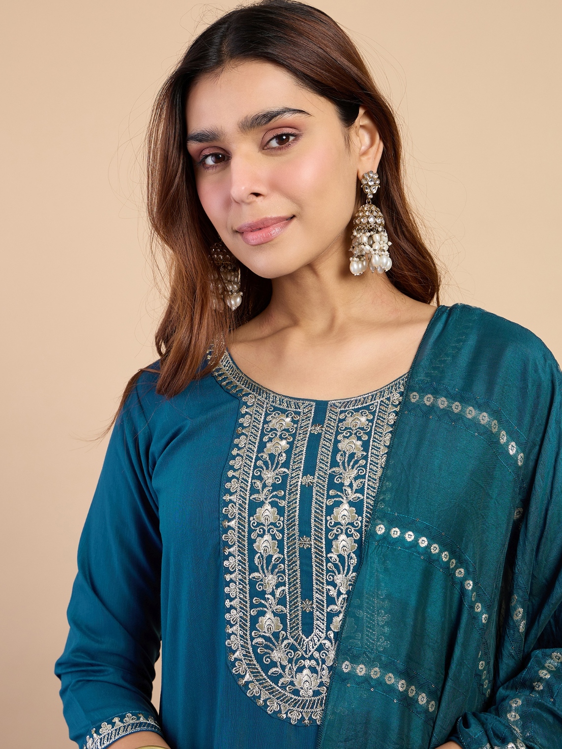 Teal Ethnic Motif Embroidery Cotton Blend Straight Pant Suit