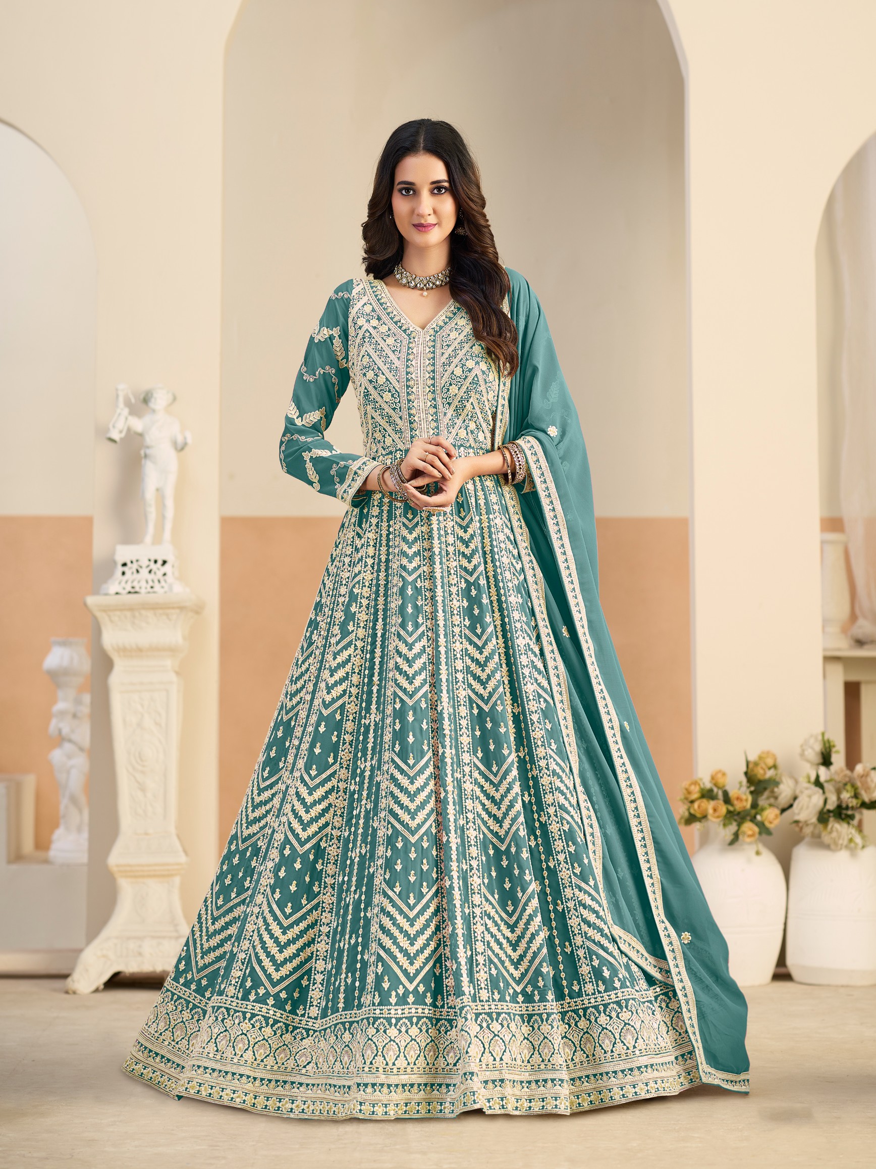 Teal Faux Georgette Designer Embroidered Anarkali Suit